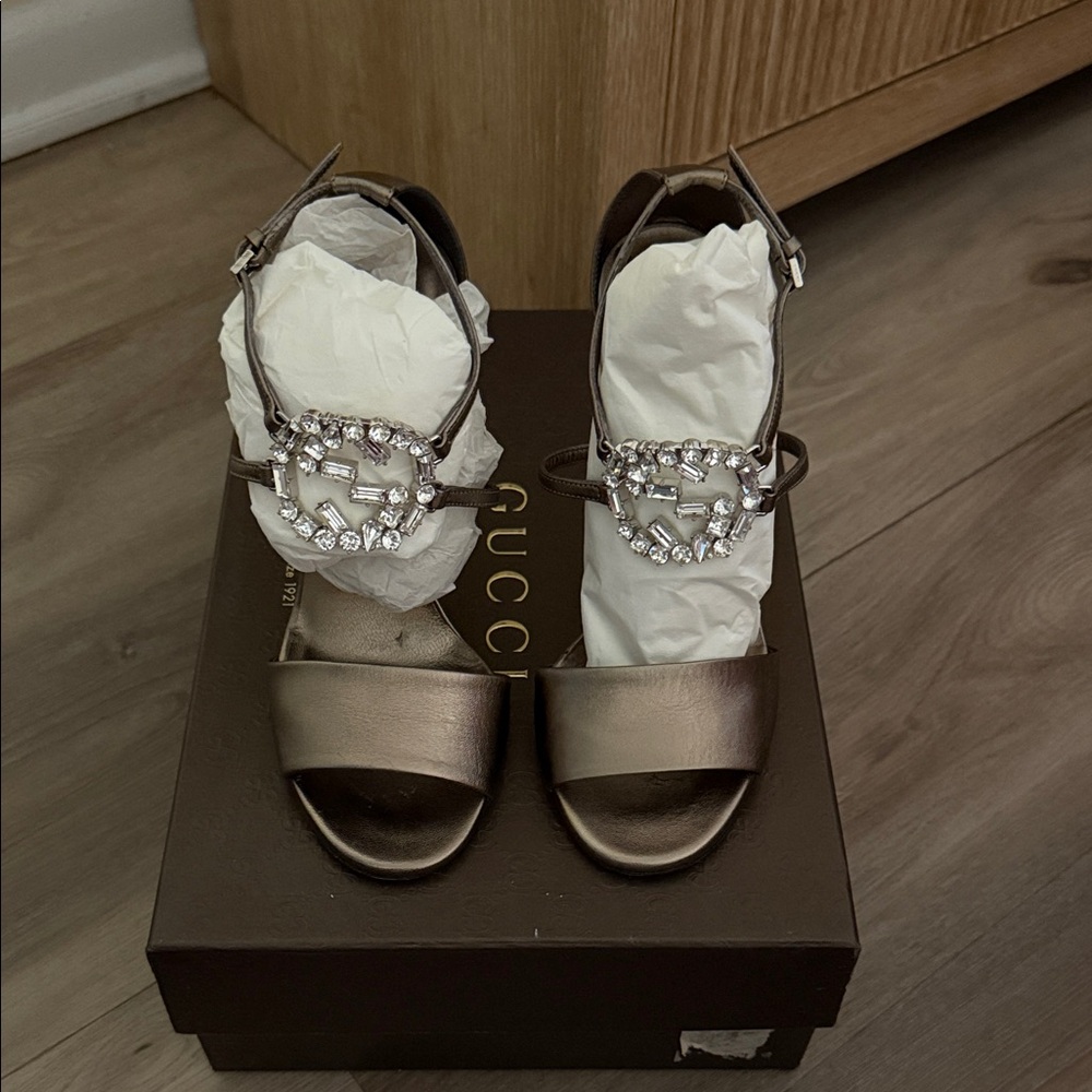 Gucci Metallic Bronze Crystal-Embellished Ankle-Strap Heels